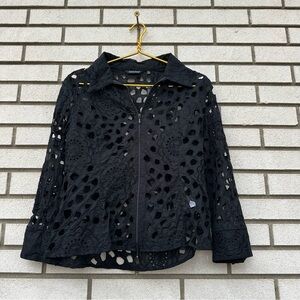 Samuel Dong Black Laser Cut Floral Eyelet Zip Jacket Cotton XL Avant Garde